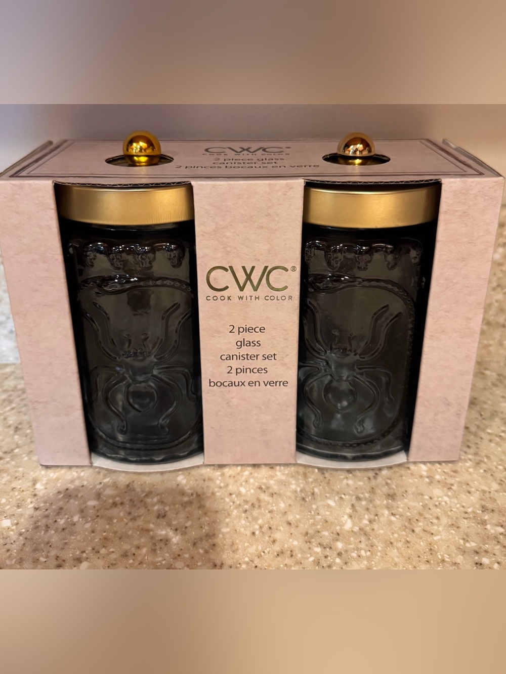 Cook With Color Grey Glass Spider Embossed Canister Set with Gold Lids - 2 Piece